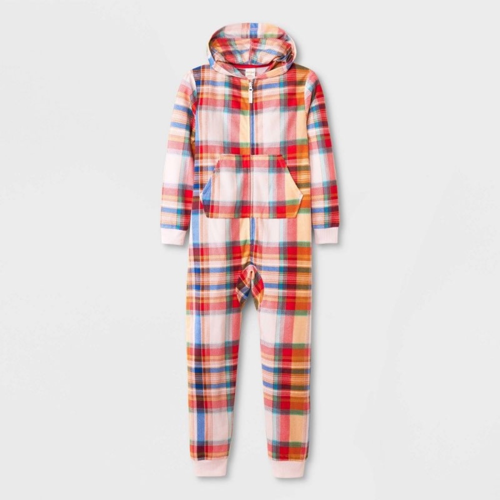 Cat & Jack Girls' Printed Union Suit One Piece Hooded Pajama Plaid NWOT